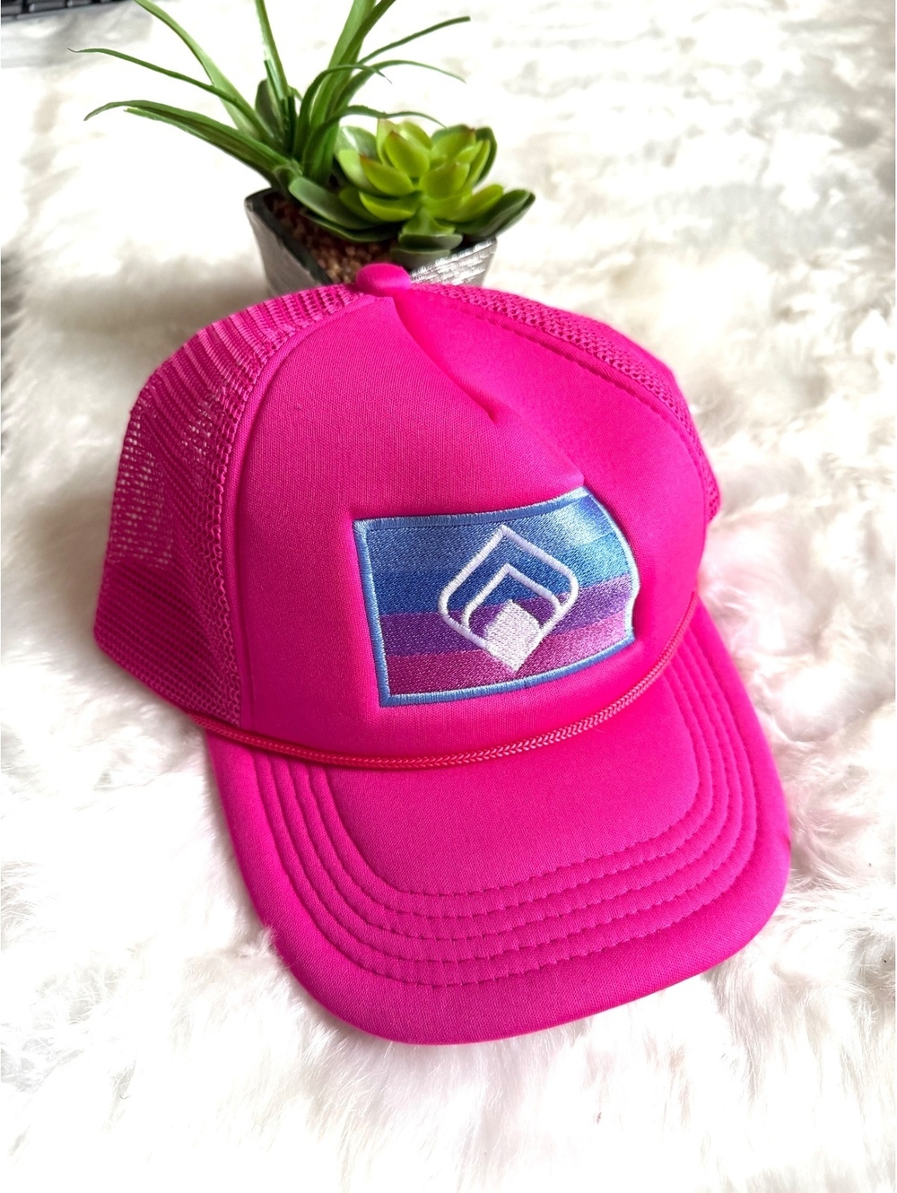 Bright Pink Mesh Trucker Hat with Colorful Patch